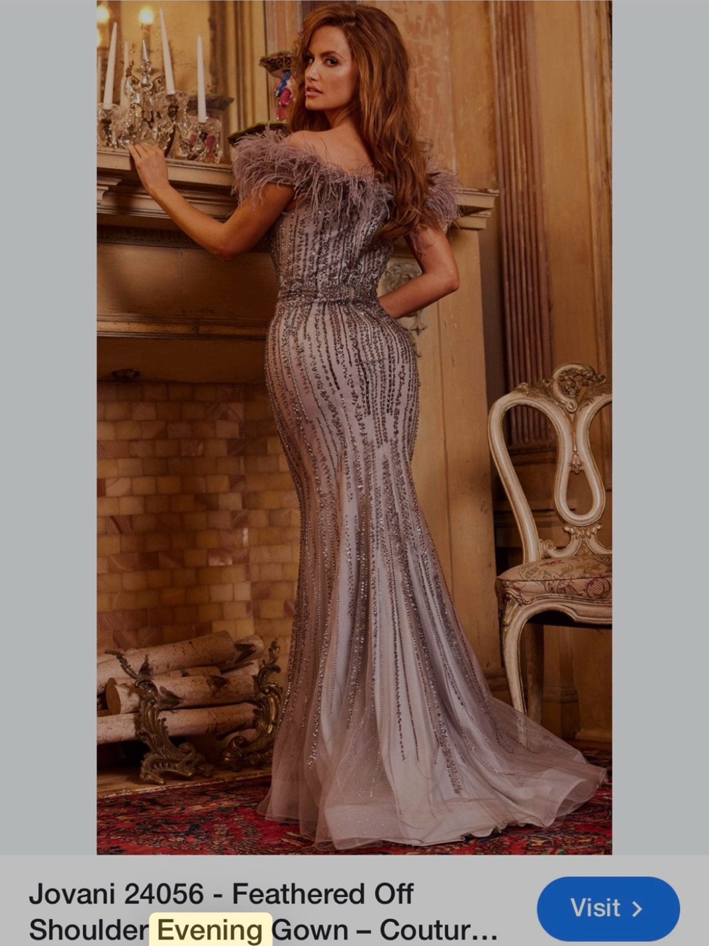 Jovani Grey One-Shoulder Feather-Trim Evening Gown